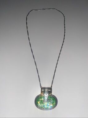 Silver and Gold Oval Green Opal Style Pendant Necklace